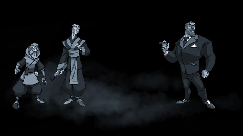 Three stylized martial arts characters stand in a dark, misty environment with a blue-grey color palette.