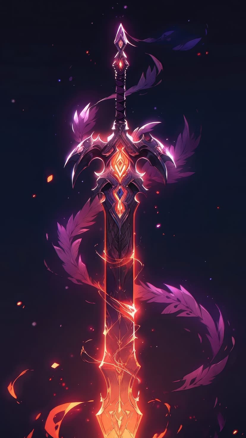Enchanted sword burning with orange flames and purple feathers against a dark starry sky background.