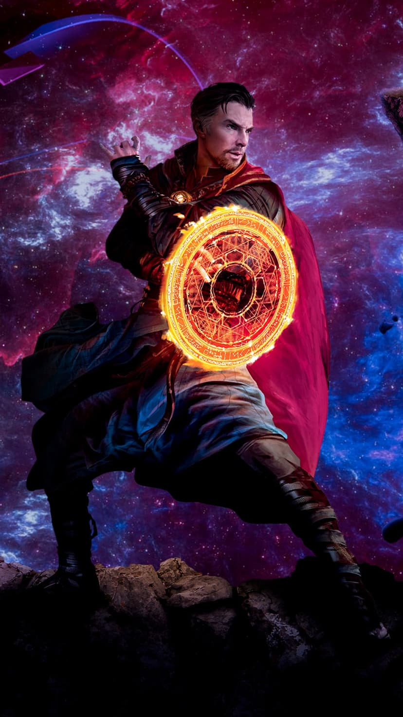Doctor Strange wears a red cloak while casting an orange energy shield amidst swirling blue and purple nebulae.