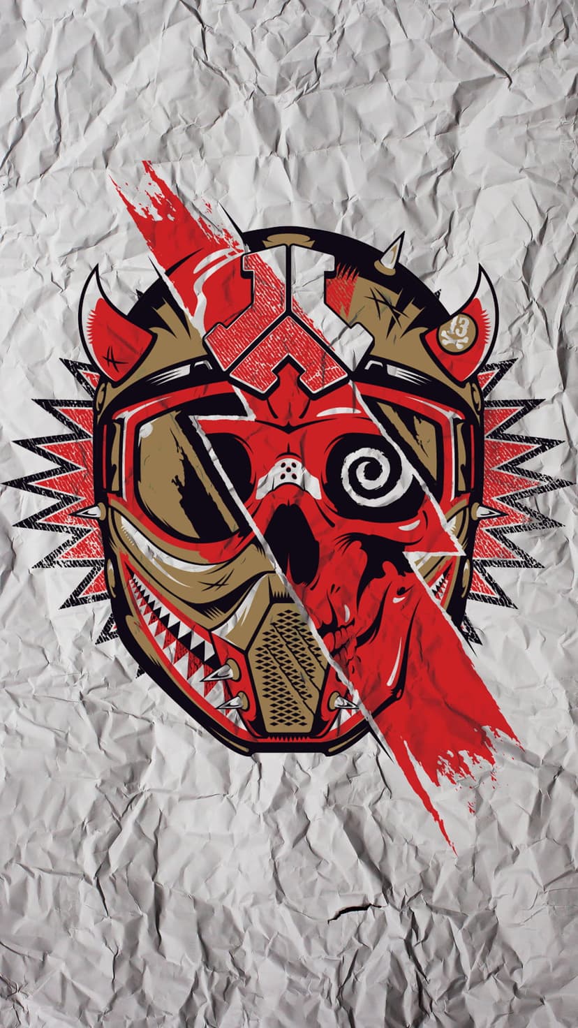 Horned tribal skull mask with gold accents and a diagonal red paint splatter over a wrinkled white paper texture.