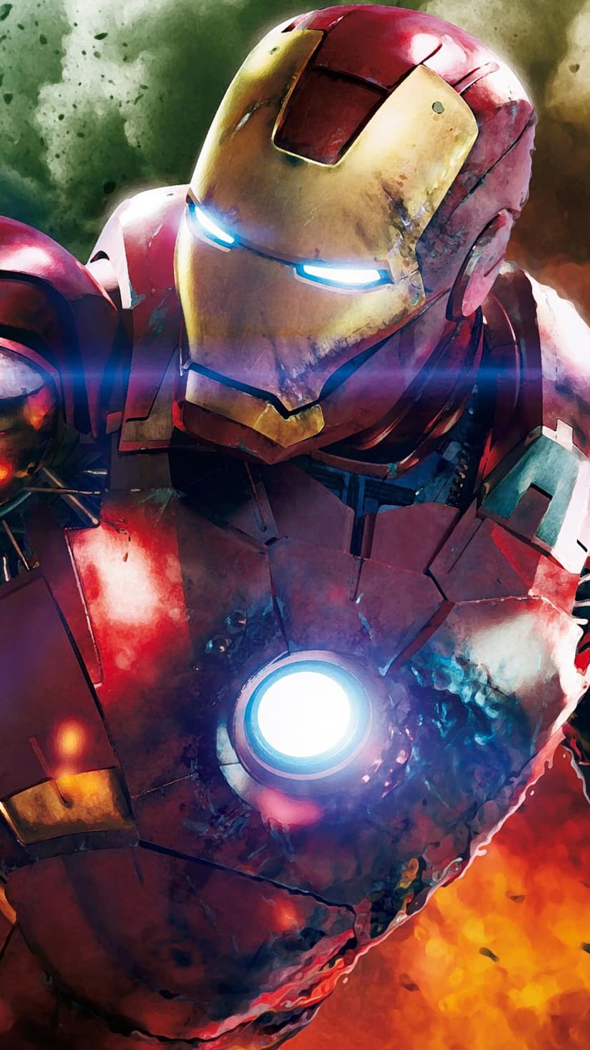 Iron Man's red and gold helmet and glowing blue arc reactor amidst orange sparks and green smoke on a phone screen.