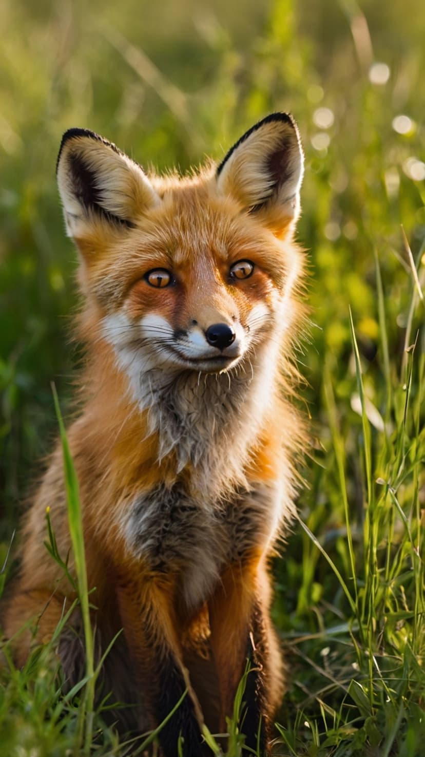 Red fox with orange fur and pointed ears sits alertly in tall green grass during golden hour sunlight.