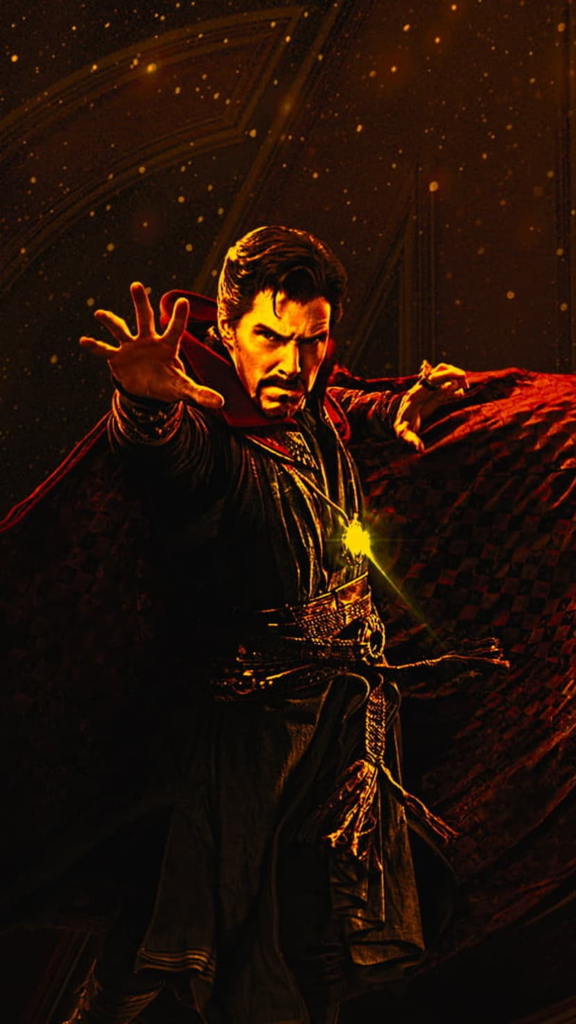 Doctor Strange wearing a red cape extends a hand glowing with orange mystical circles in a cosmic environment.