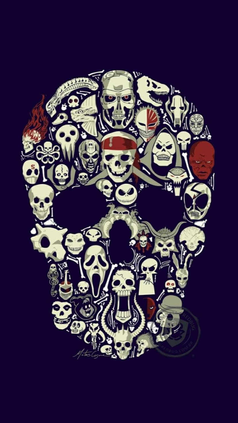 Human skull silhouette composed of hundreds of miniature horror movie characters and gothic creature faces.
