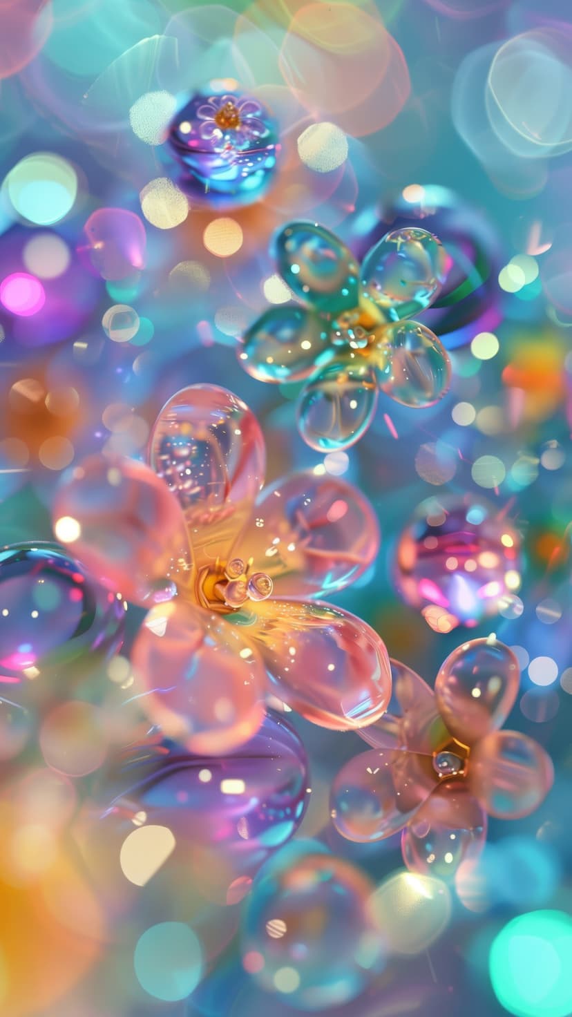 Translucent glass-like flowers shimmer with glowing light and soft blue, pink, and orange bokeh highlights.
