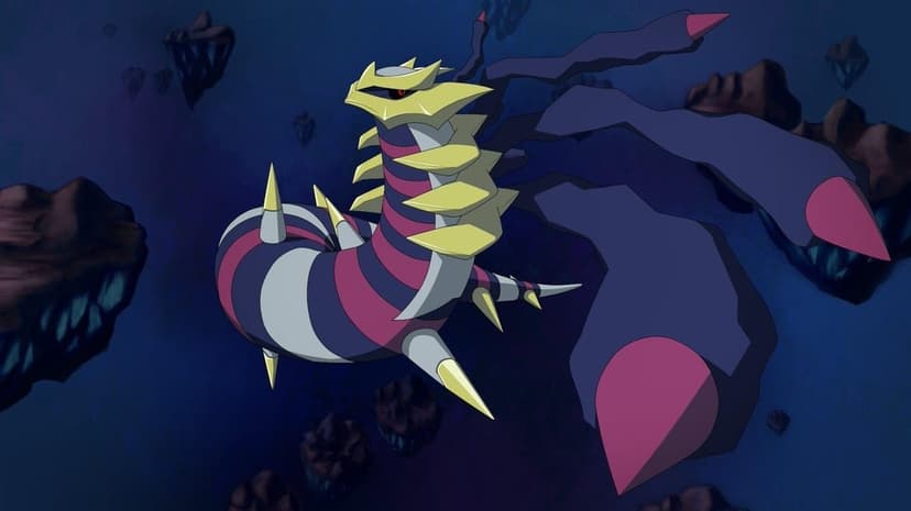 Giratina Origin Forme floating among dark rocks in the Distortion World with deep blue and purple lighting.
