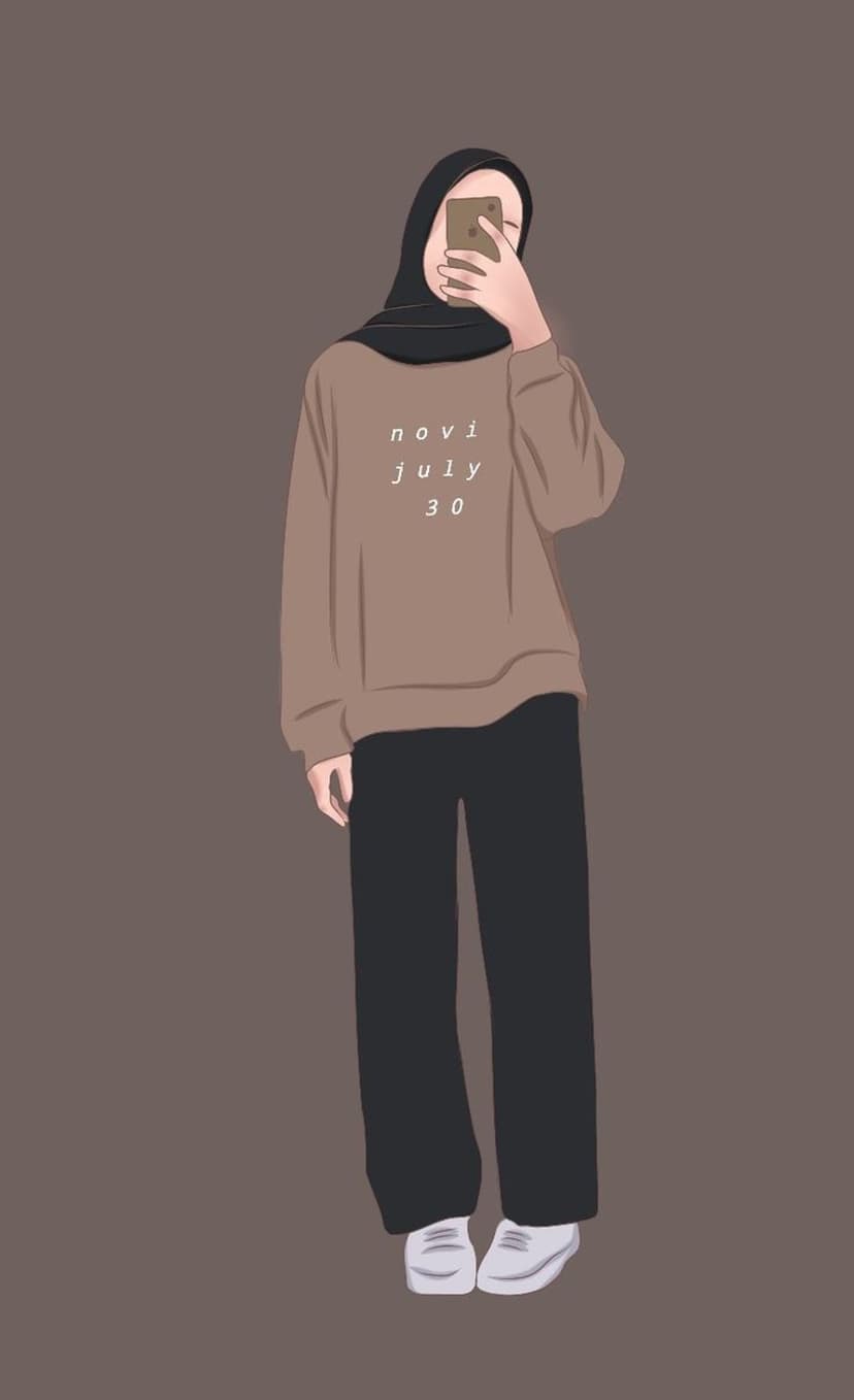 Muslim woman in a black hijab and brown sweatshirt takes a selfie against a solid cocoa brown background.