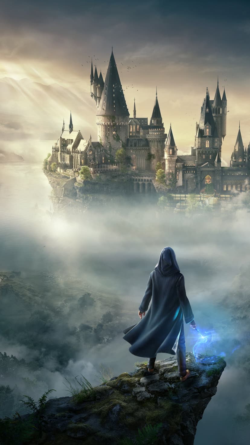Hooded wizard holding a luminous wand stands on a rocky cliff overlooking a distant gothic castle in the mist.