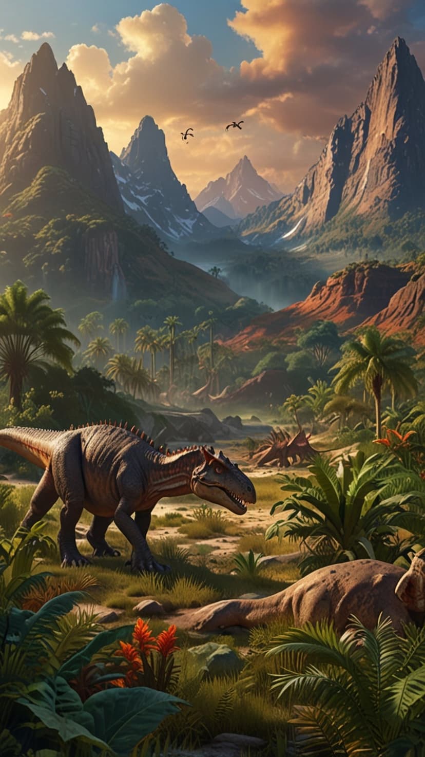 Long-necked dinosaur walking through a lush valley during a vivid sunset with mountains and birds in the distance.