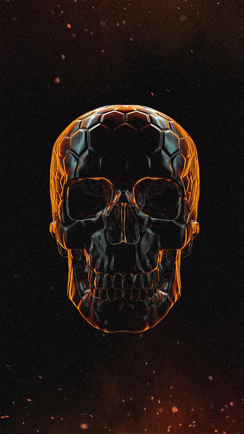 Geometric skull with a glowing hexagonal pattern radiates warm orange light against a dark, ember-filled background.