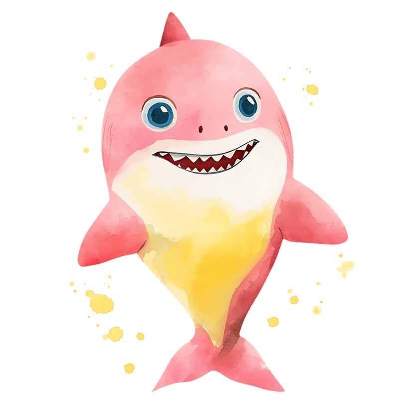 Pink shark watercolor illustration features blue eyes and yellow paint splashes on a clean white background.