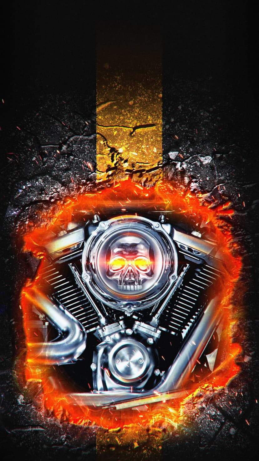 V-twin motorcycle engine engulfed in bright orange flames with a central skull emblem on cracked black asphalt.