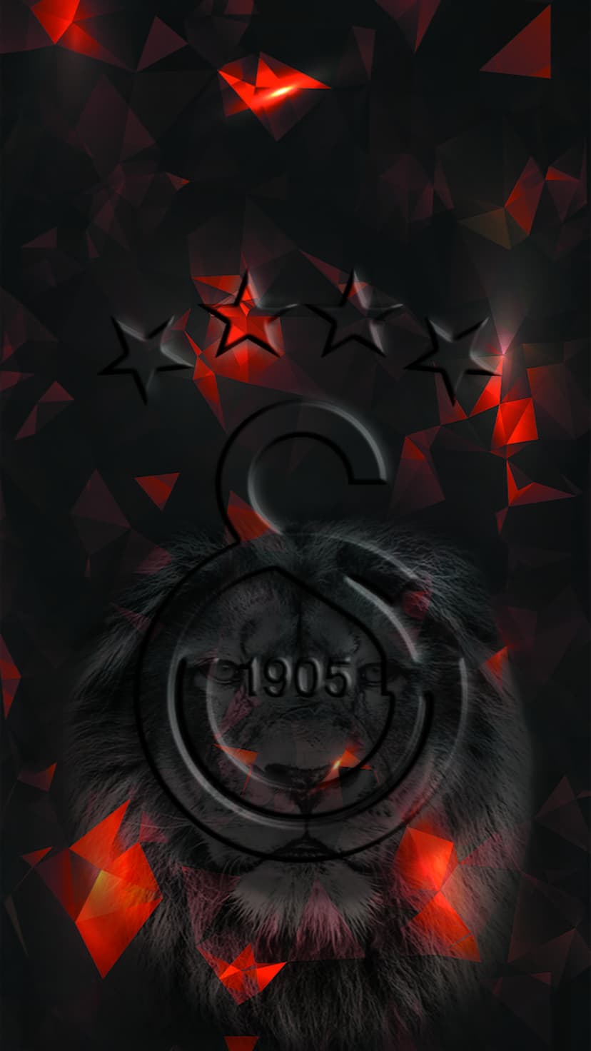 Galatasaray lion logo with 1905 text under four stars sits on a background of red and orange geometric shards.