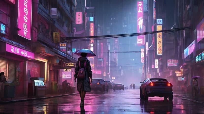 Solitary person with an umbrella walking on a wet city street reflecting neon signs and tall futuristic buildings.