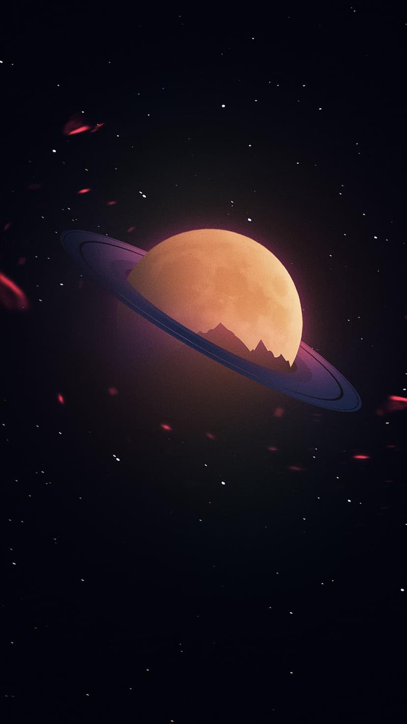 Saturn-like planet with glowing orange rings and a mountain silhouette inside the sphere against a starry sky.