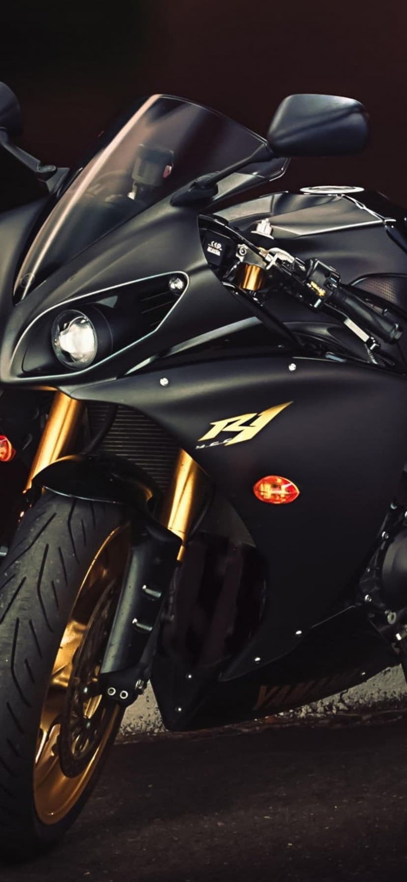 Matte black Yamaha R1 motorcycle with gold forks and wheels in a detailed close-up portrait view.