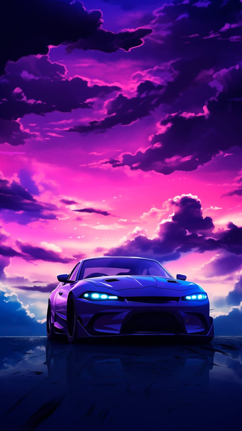 Blue sports car with glowing headlights parked on a reflective road under purple neon clouds at night.