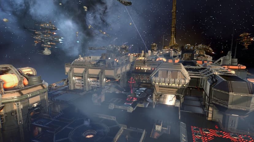 Industrial space station with heavy turrets and a red beacon set against a starry nebula and starships.