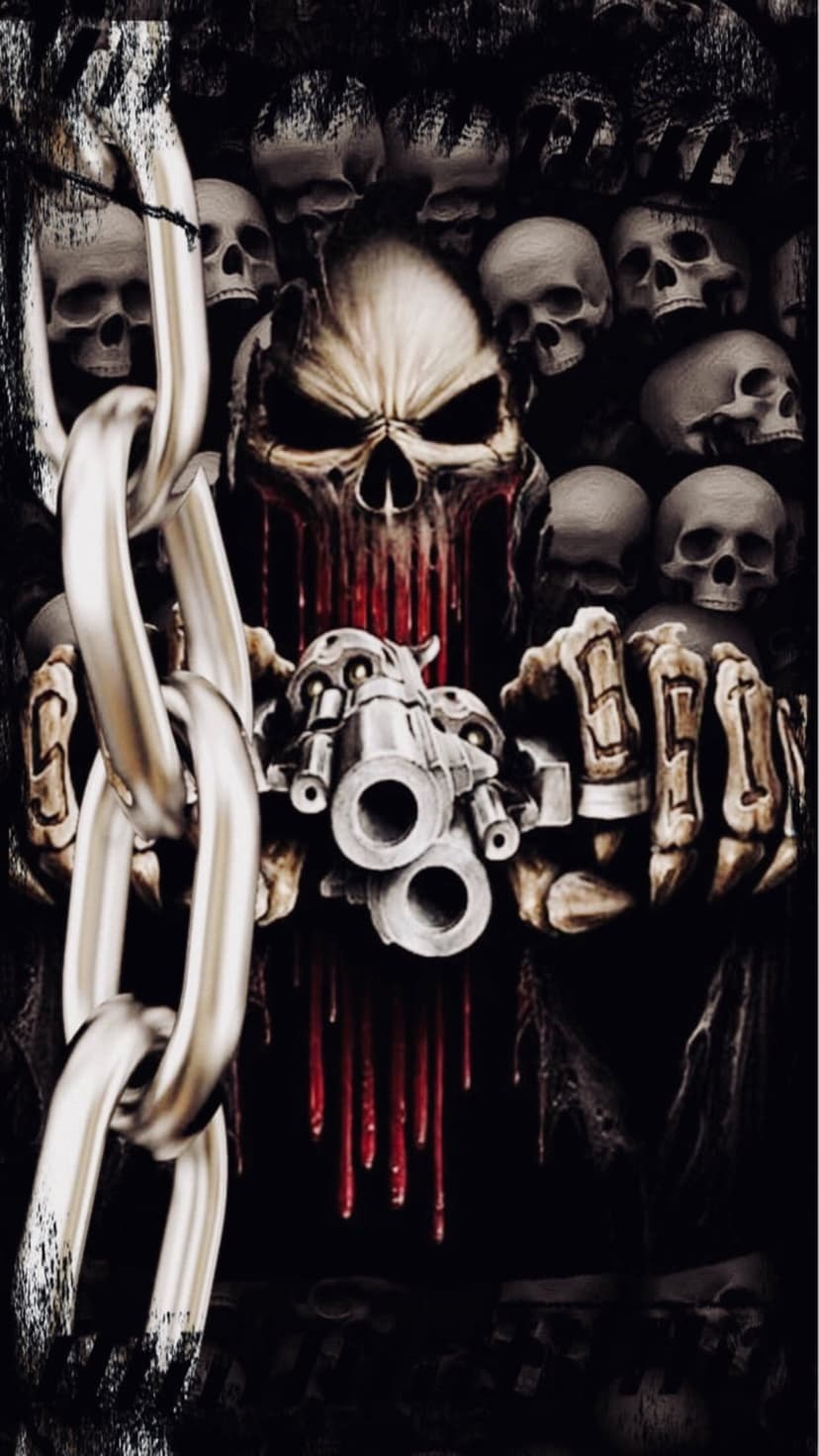 Grim reaper skull clutching two revolvers while surrounded by human remains and thick iron chains in the dark.