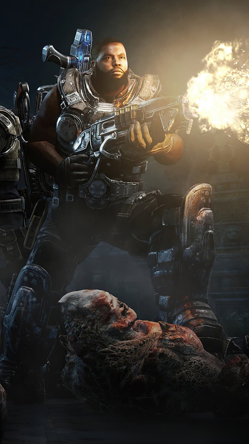 Armored soldier firing a shotgun with a bright muzzle flash over a fallen creature in a dark cinematic scene.