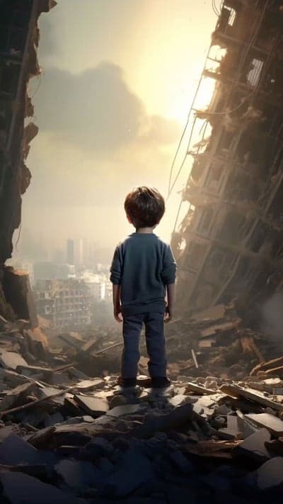Child Stands Amidst City Ruins at Sunrise