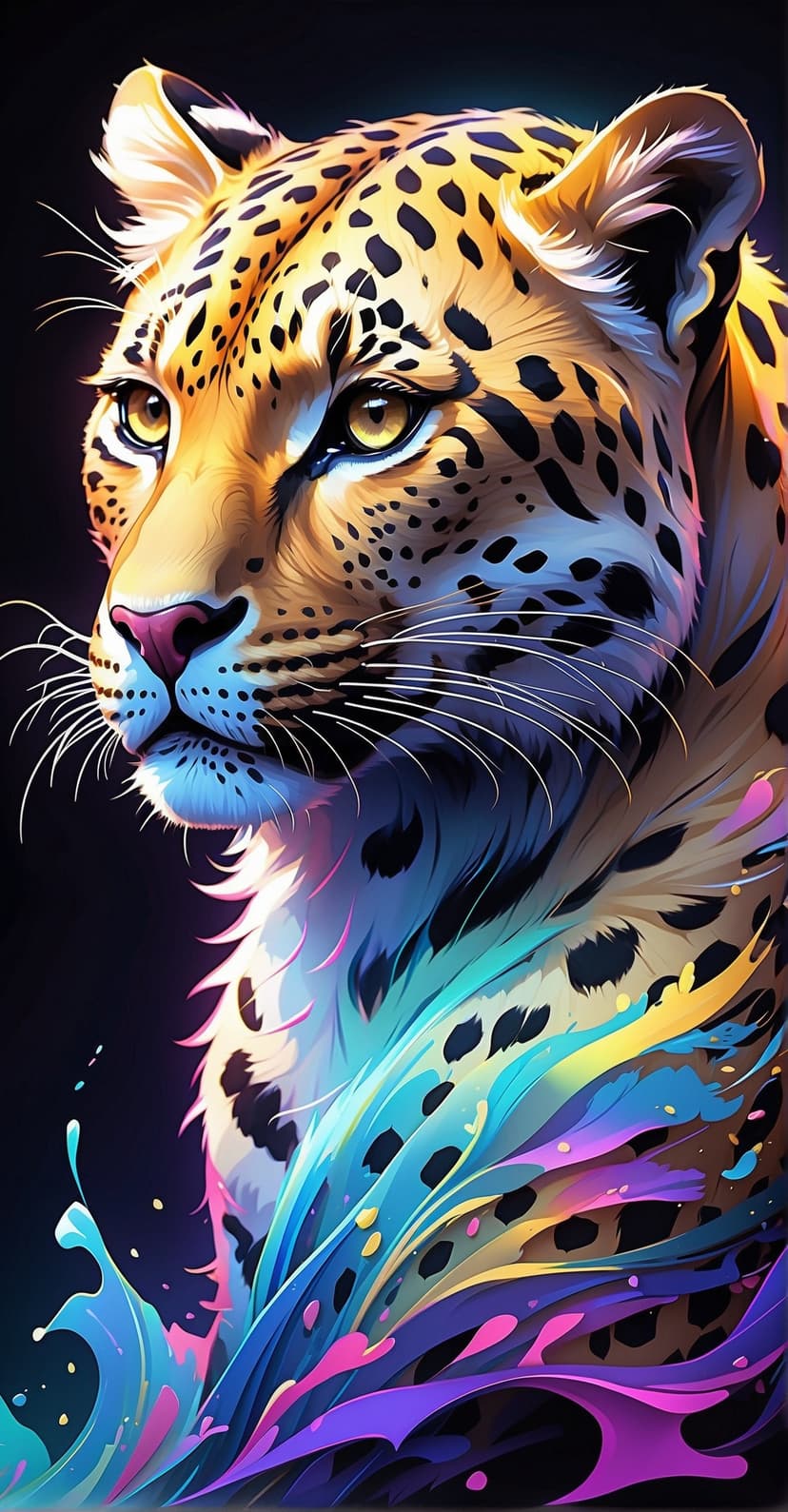 Leopard with golden fur and intense yellow eyes stares forward amidst a bright blue and pink liquid paint explosion.