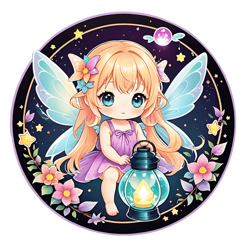 Fairy sticker featuring blonde hair and a purple dress holding a teal lantern within a floral circular frame.
