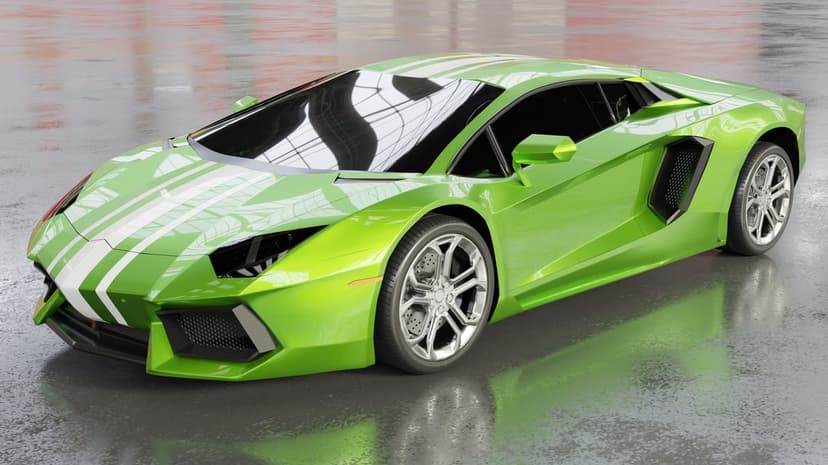 Lime green supercar with white racing stripes parked on a wet, reflective floor in a high-tech studio setting.