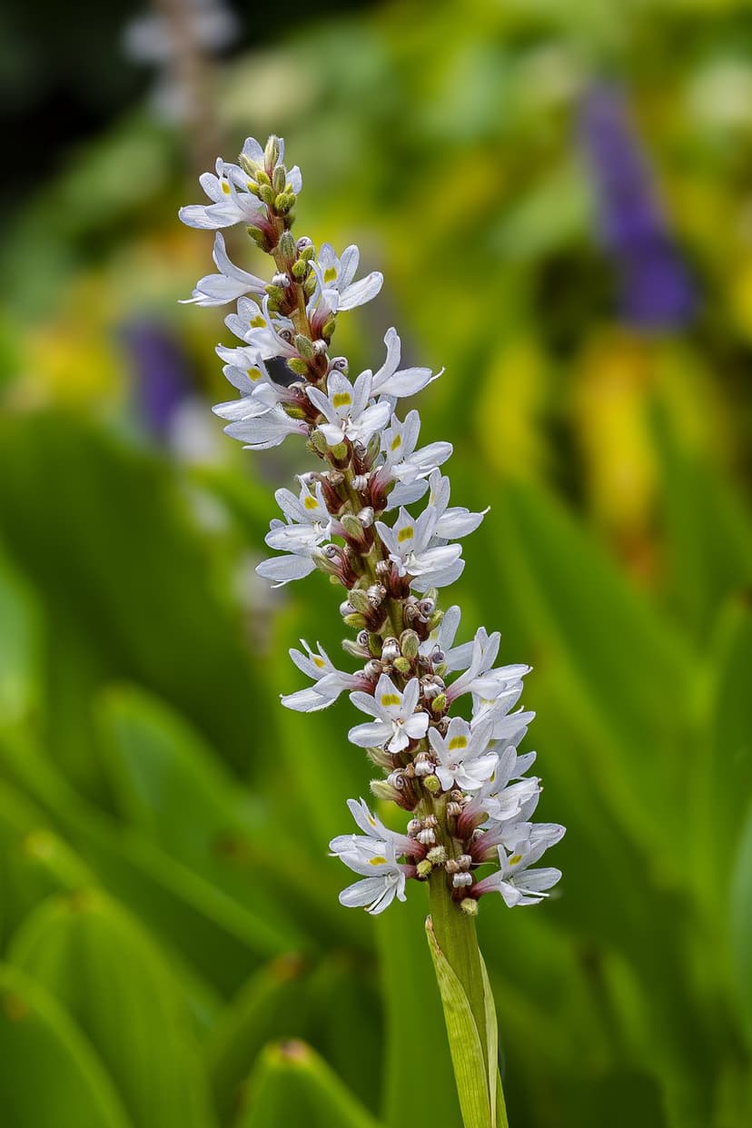 White Pickerelweed flowers on an upright stem with yellow centers set against soft green wetland foliage.