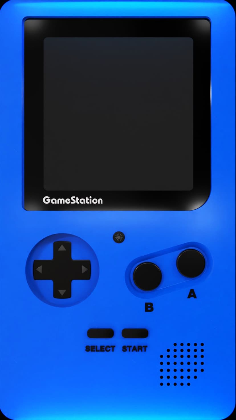 Blue handheld game console with a black screen, D-pad, and red A/B buttons centered in a vertical mockup.