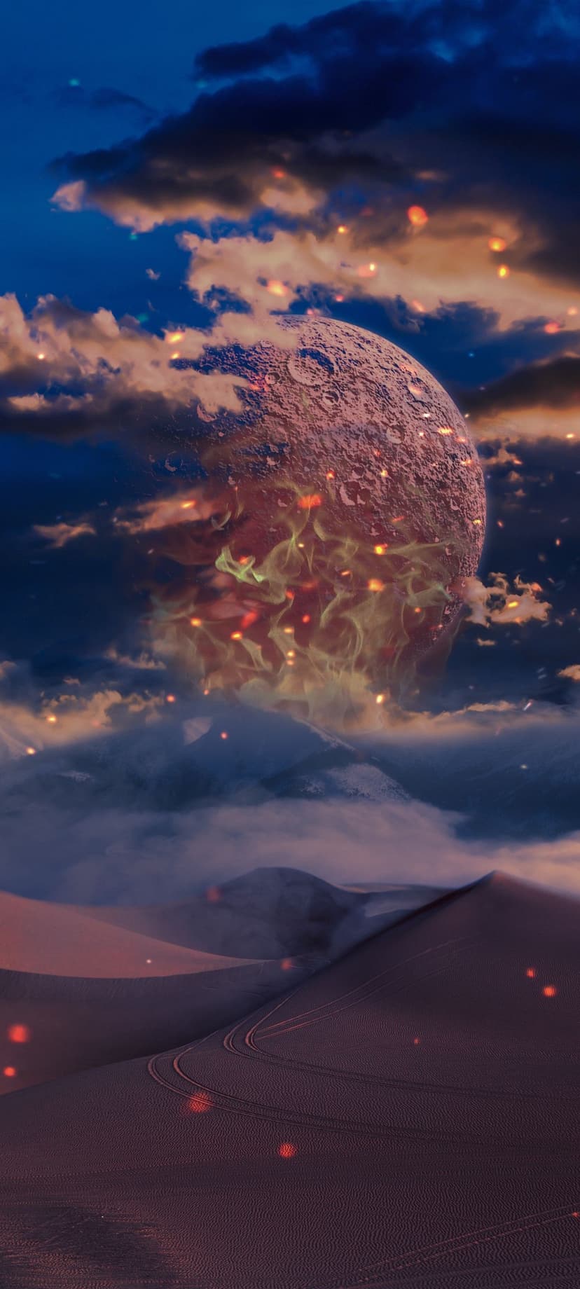 Flaming celestial planet hovering above dark desert dunes with glowing red orbs and tire tracks in the sand.