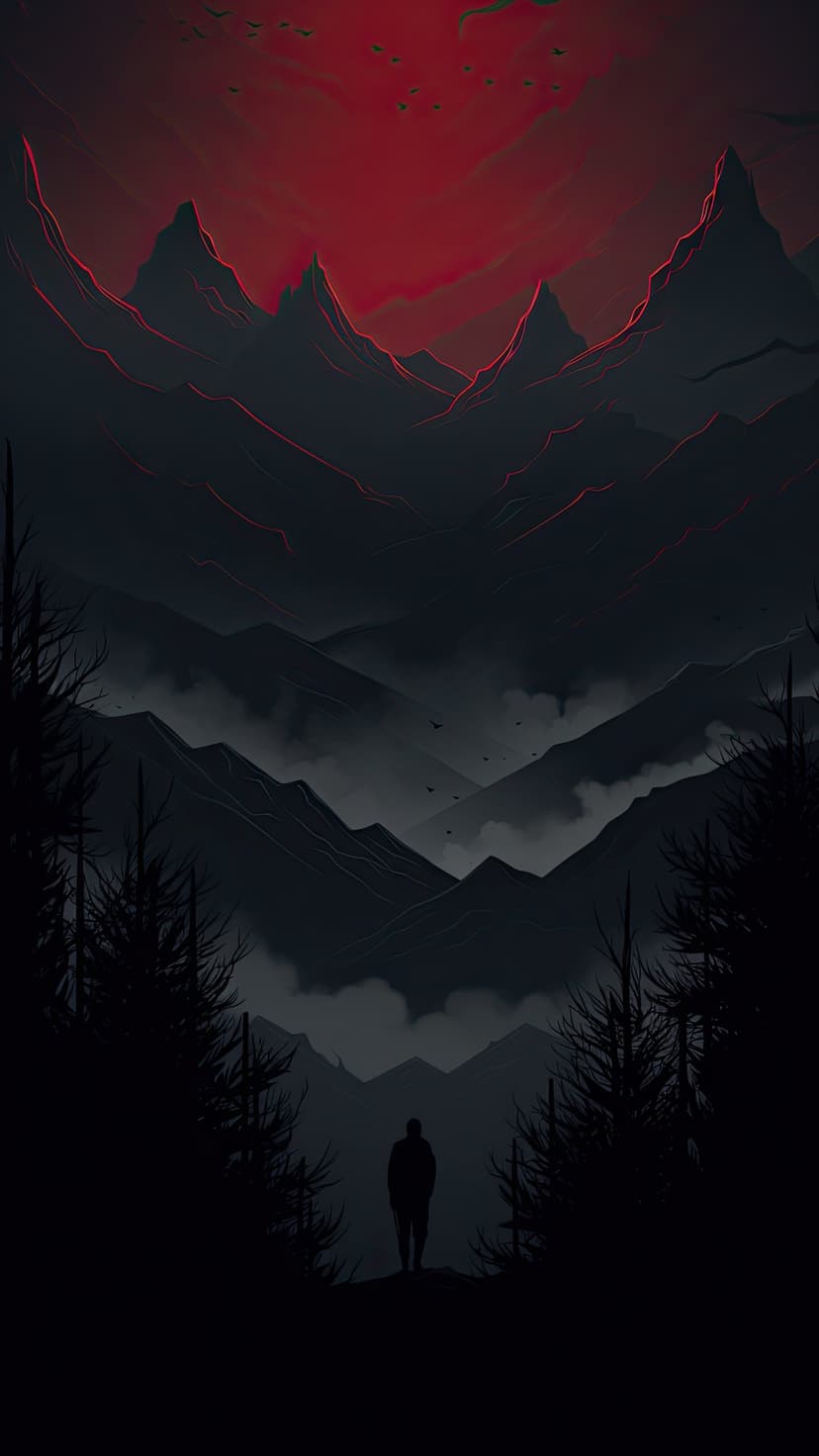 Solitary silhouette stands on a ridge before misty dark mountains glowing under a vivid red crimson sky.