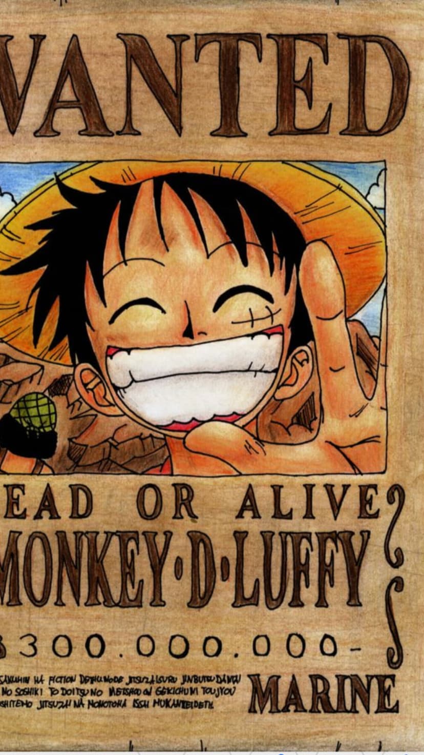 Monkey D. Luffy smiling on a textured paper wanted poster with bold black ink lettering and weathered edges.