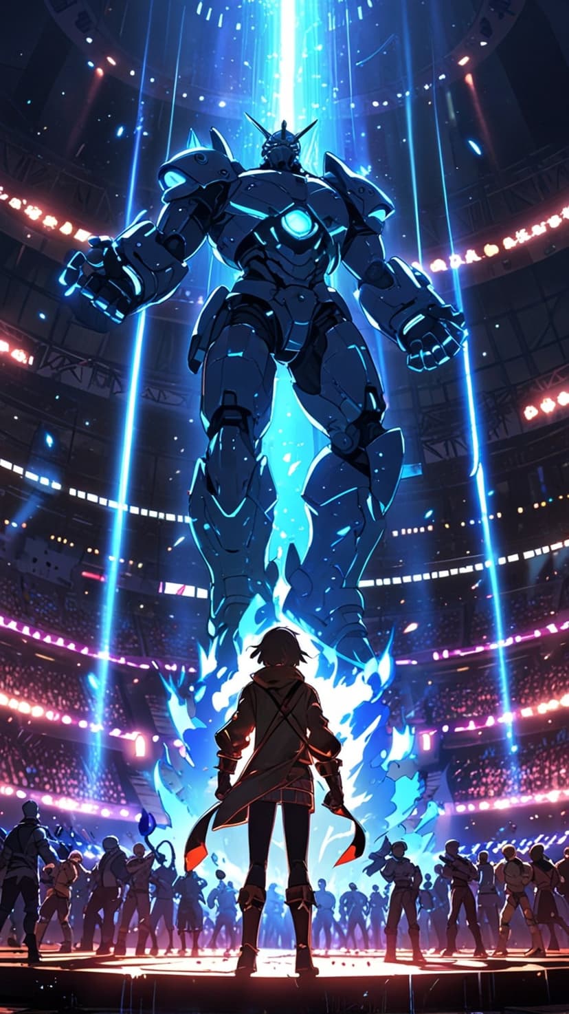 Towering mechanical robot faces a human surrounded by blue fire in a crowded futuristic sports stadium at night.