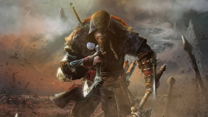Viking warrior Eivor in hooded gear charging forward with an axe and hidden blade amidst battlefield smoke.