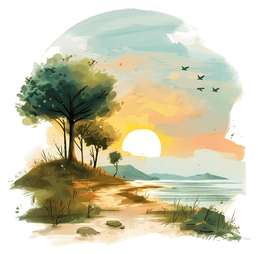 Sunset landscape painting featuring orange clouds and purple mountains reflected in calm water on a clear sky.