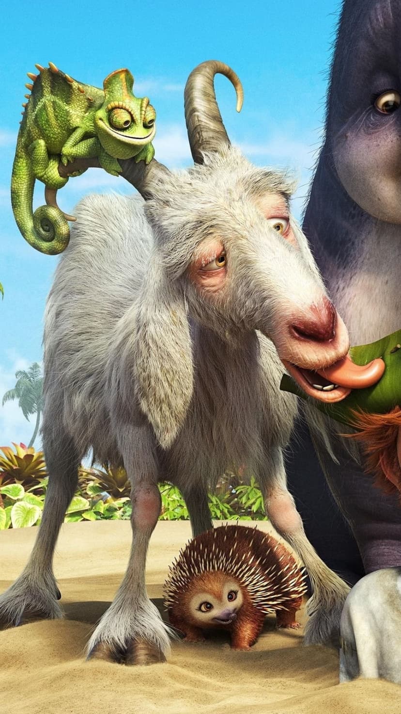 Shaggy white goat with a chameleon on its horn and a hedgehog near its feet in a bright tropical jungle.