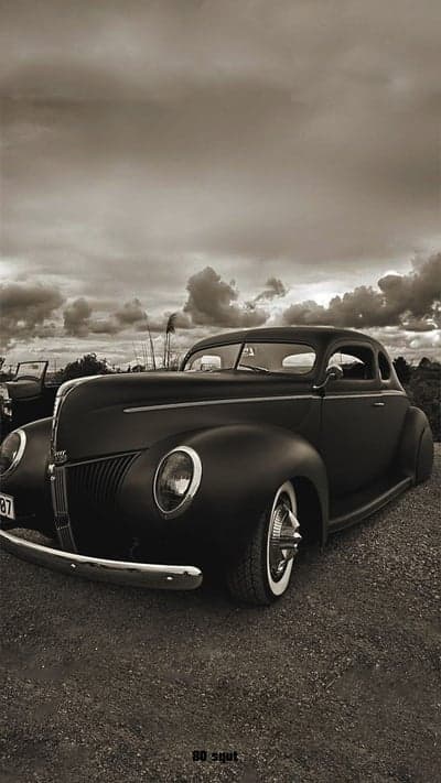 Classic 1940 Ford Coupe Black and White Moody Sky