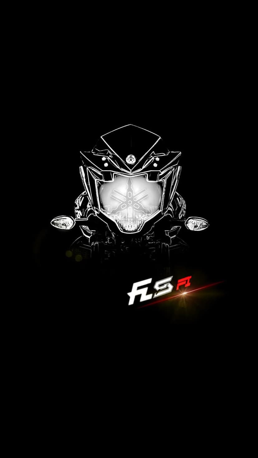 Yamaha FZS FI motorcycle front view with a glowing headlight emblem and red FZS FI text on a dark background.