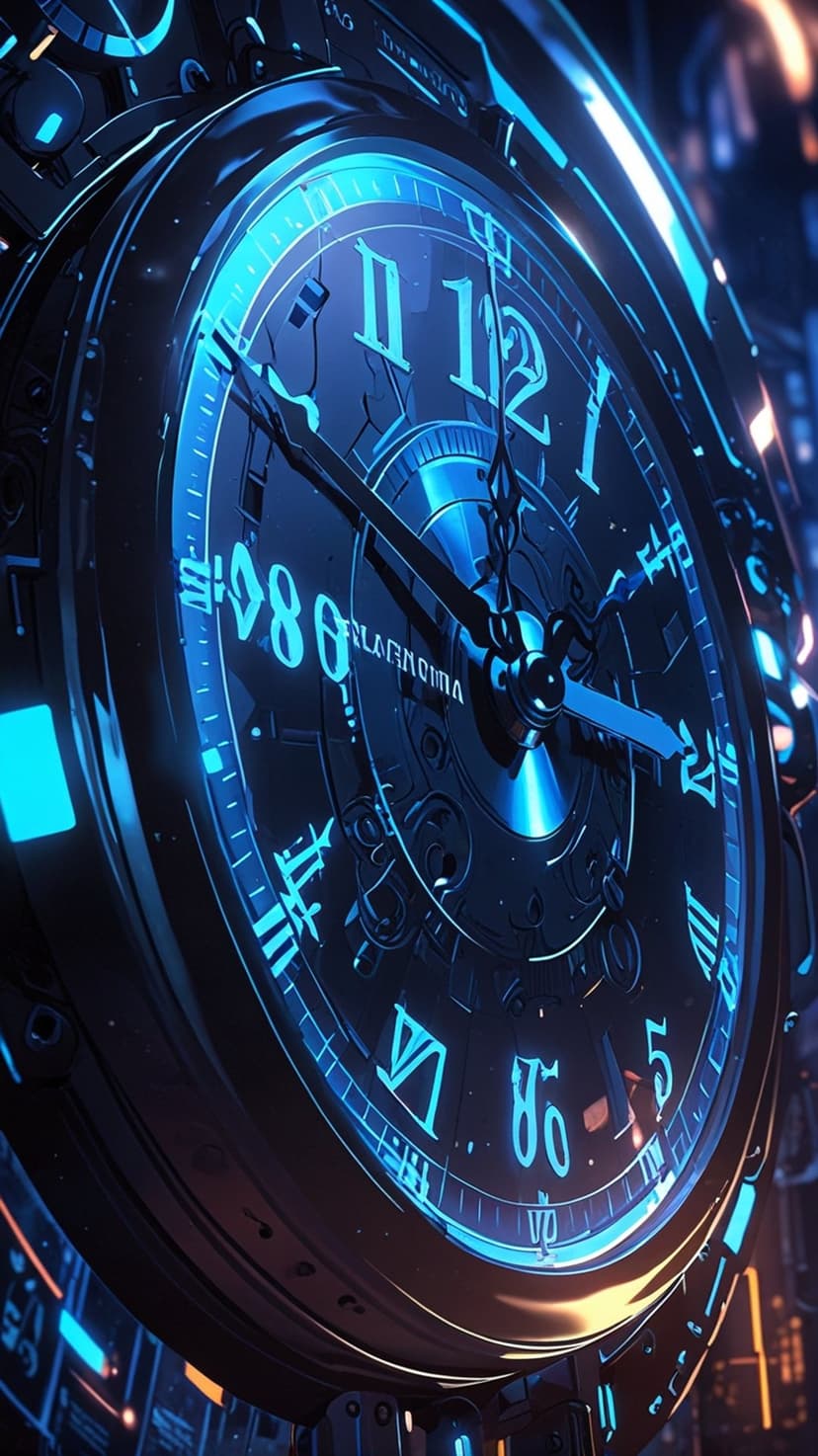 Mechanical clock face with glowing blue Roman numerals and golden internal gears against a dark background.