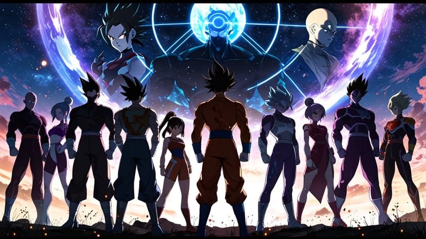 Goku, Vegeta, and Saiyan warriors stand unified before a swirling purple and blue cosmic nebula in outer space.