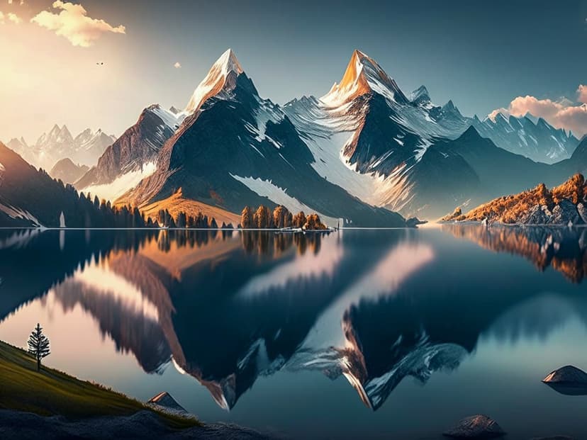 Snow-capped mountain peaks reflect in a calm alpine lake during a warm golden hour sunset in the wilderness.