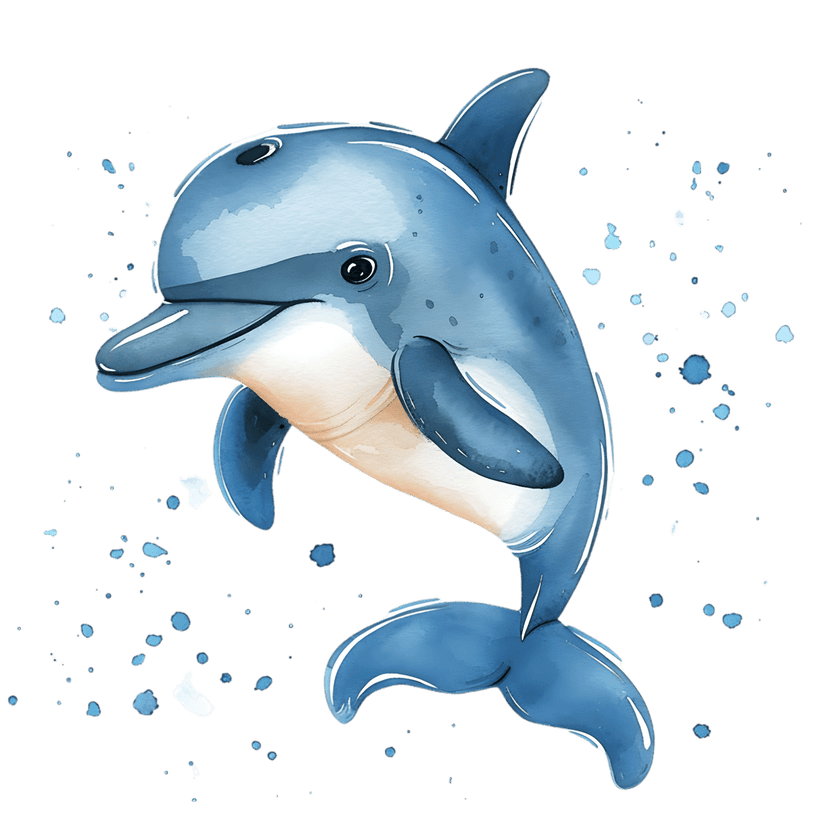 Blue dolphin watercolor painting shows the marine mammal leaping through dynamic water splashes and droplets.