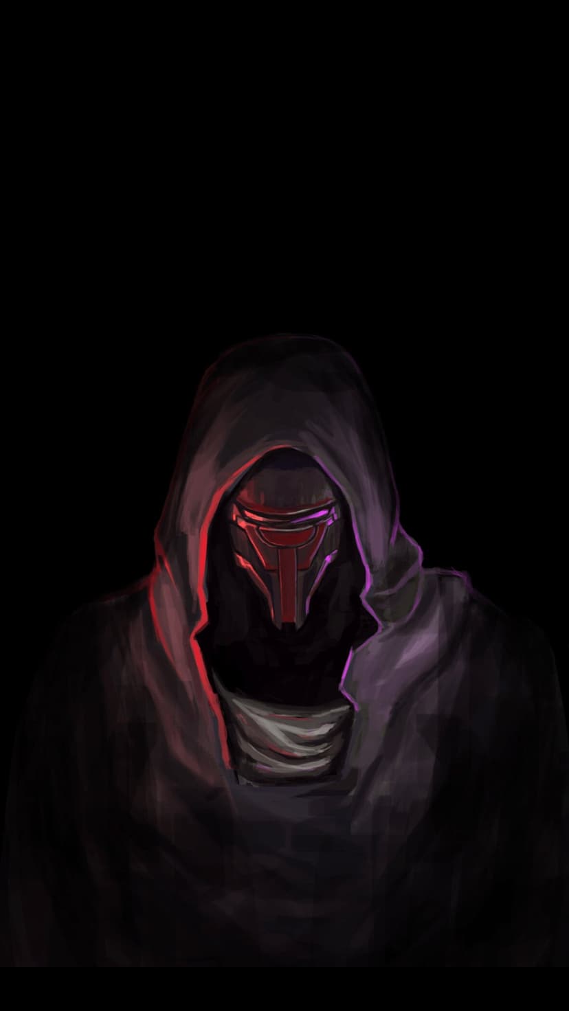 Darth Revan mask and hood with red and purple rim lighting against a solid black background.
