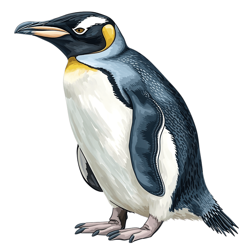 Emperor Penguin digital illustration shows detailed black and white feathers with yellow ear patches in profile.