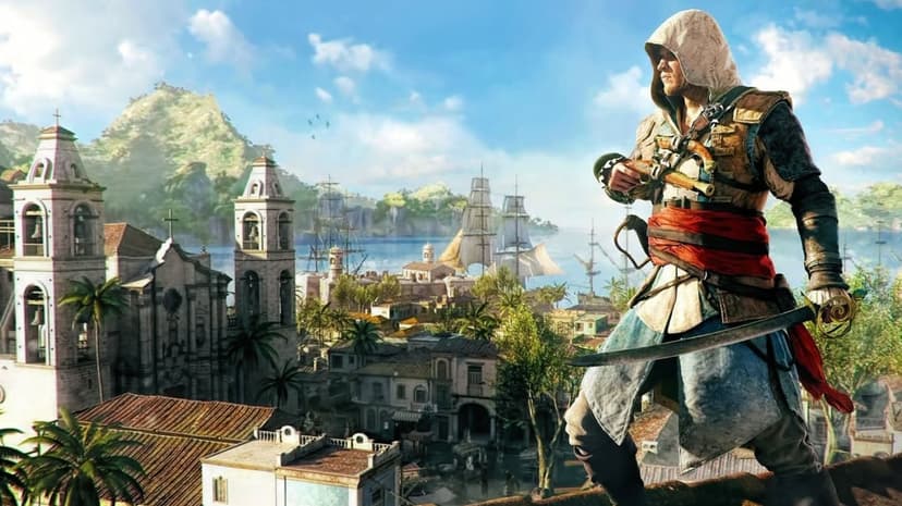 Edward Kenway in hooded pirate gear holds a pistol overlooking a colonial town with ships and mountains.