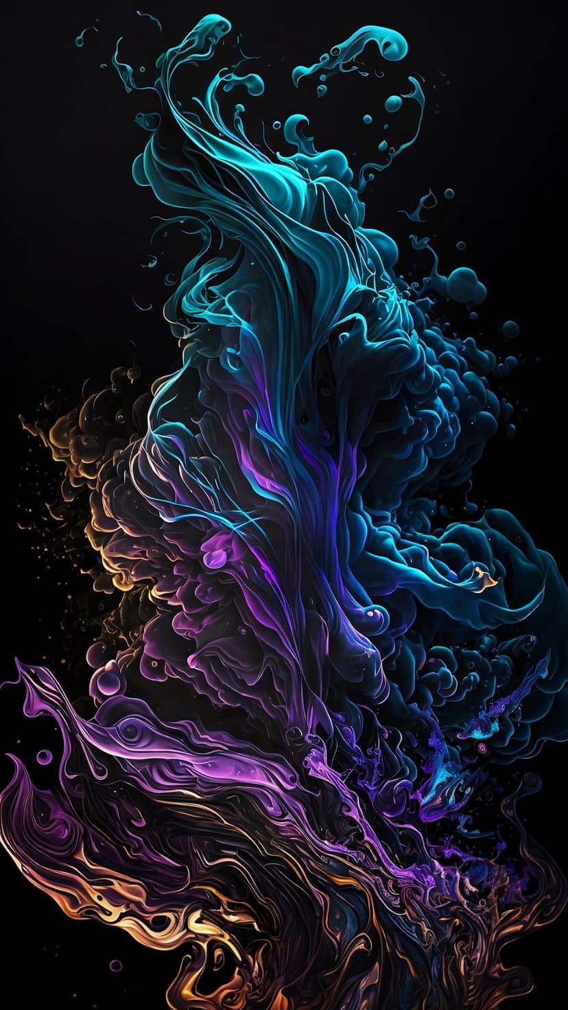 Swirling electric blue and orange gas clouds flow against a black backdrop with detailed smoke-like textures.