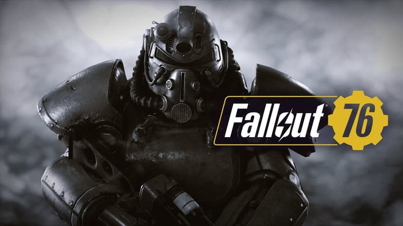 Close-up of T-51 power armor helmet with the Fallout 76 logo on a dark, textured metallic background.
