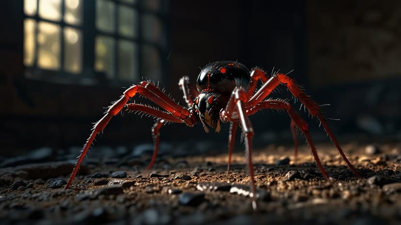 Red spider with segmented legs stands on dark textured ground with blurred greenery in the distant background.