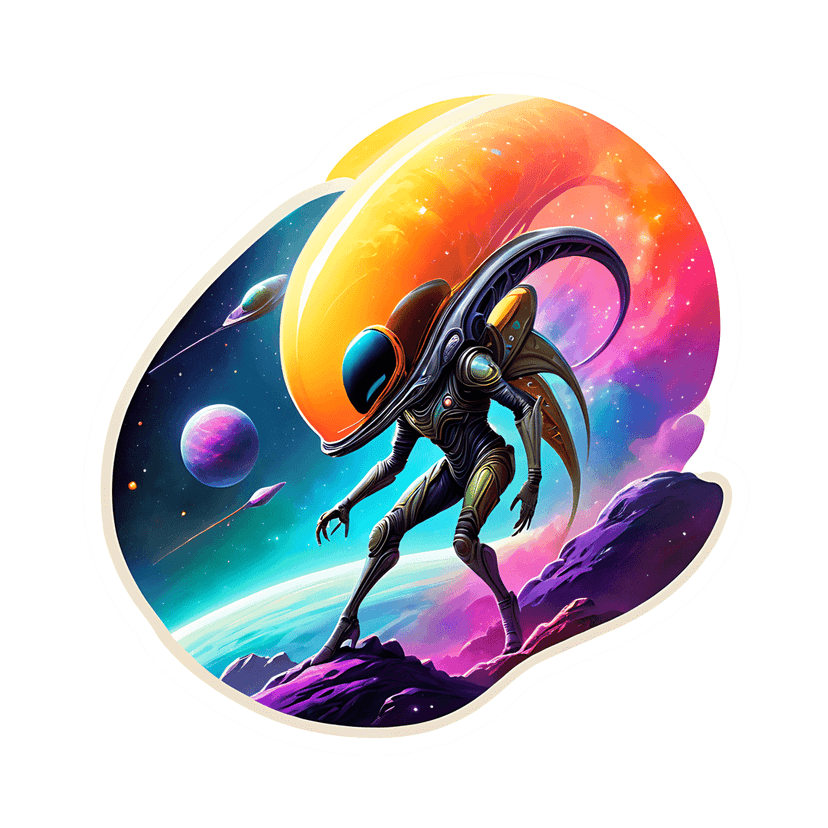 Humanoid alien explorer wearing glowing orange headgear stands on purple rocks under a vibrant nebula with UFOs.